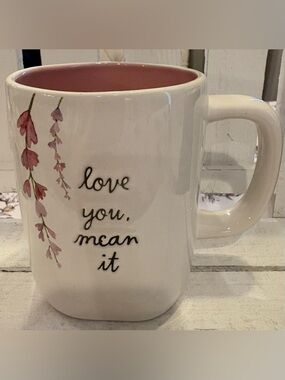 Rae Dunn White Ceramic Mug with Pink Interior and Floral Script